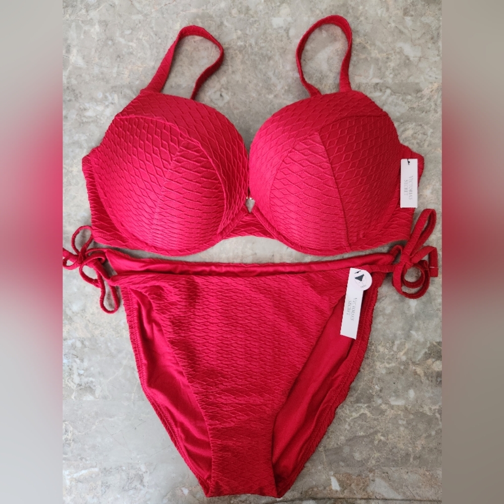 36D3/XL/L VS Swim Sexy Tee Bikini Top Side Tie Cheeky Bikini Set Red